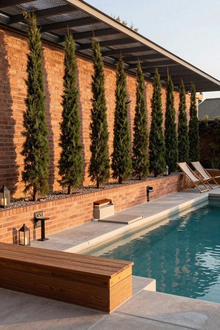 Narrow lap pool next to a tall brick wall lined with evenly spaced slender evergreen trees under a metal pergola structure, with wooden benches, lounge chairs, lanterns, and gravel beds at the base.