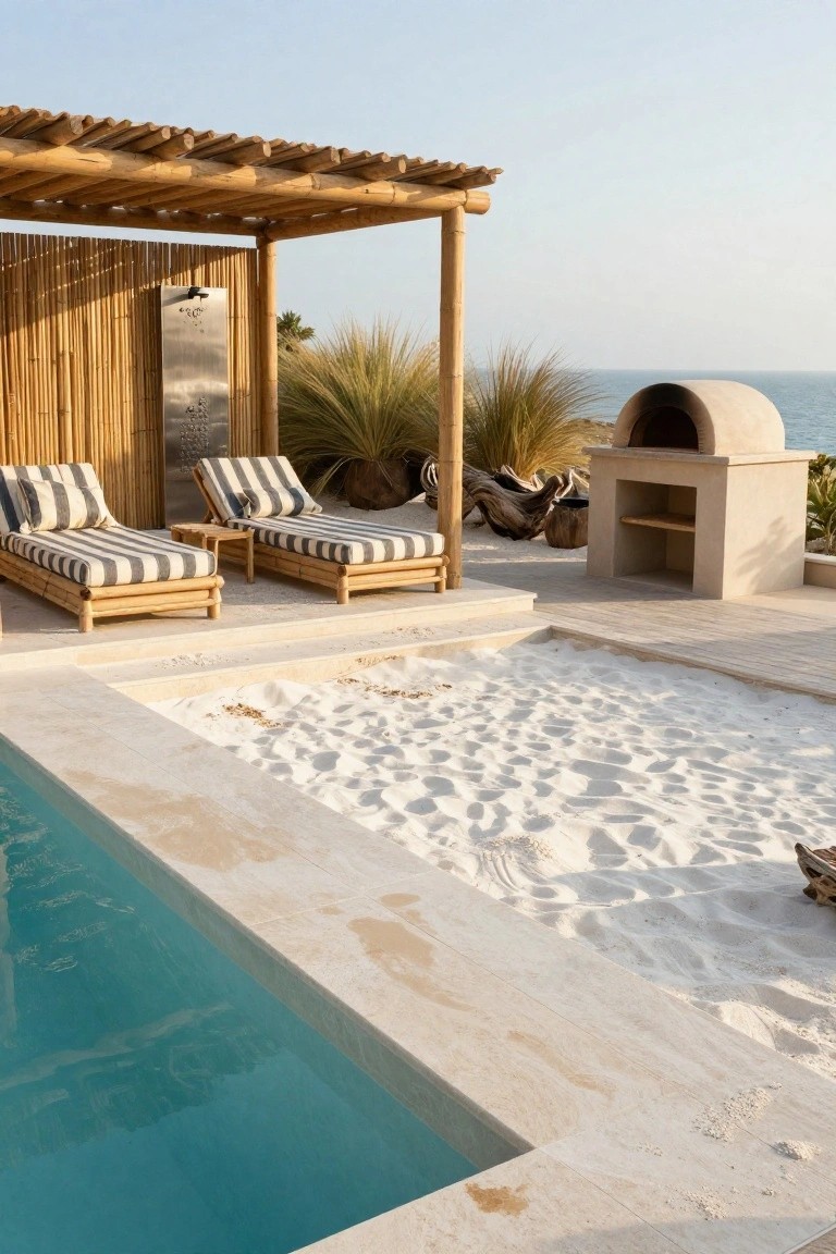 Outdoor pool with white sand beach entry along the edge, turquoise water, bamboo pergola shading two striped loungers, bamboo privacy screen with metal shower, potted plants and driftwood, stone-based pizza oven, and ocean horizon.