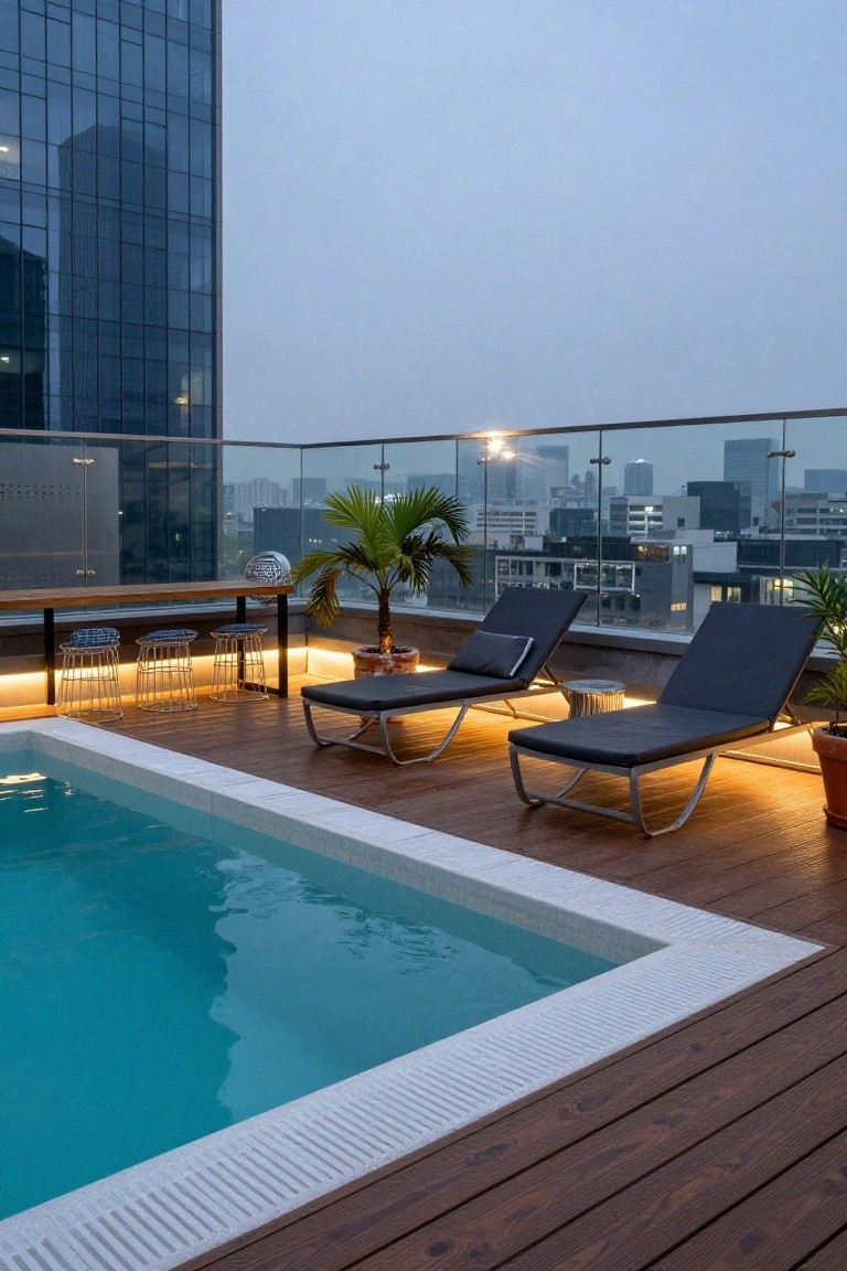 Rooftop terrace with a small rectangular turquoise pool edged in white tile, two black loungers, a wooden bar with metal stools, potted plants, glass railing, and city skyline at dusk.