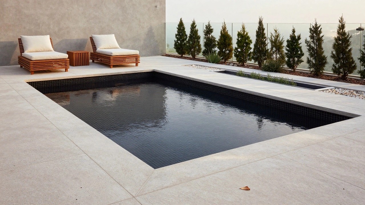 Modern outdoor pool area with wooden L-shaped sofas, low coffee table, and neutral cushions on a concrete deck beside a narrow black-tiled pool edged with pebble-filled linear planters.