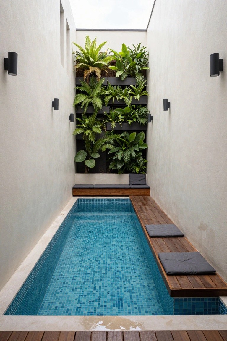 Narrow rectangular pool with blue mosaic tiles and clear water, wooden benches with gray cushions along one side, lush green vertical plant wall on opposite wall, black wall lights, white walls, and skylight above in a courtyard.