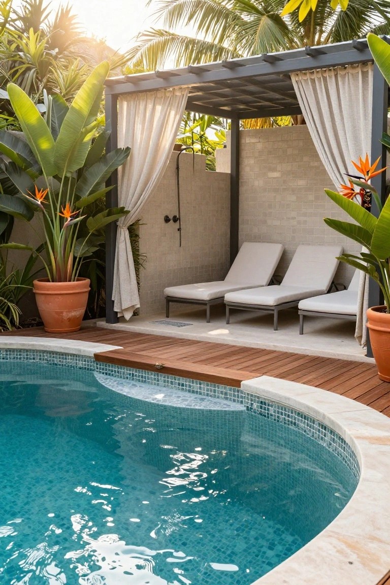 Turquoise mosaic pool edged in stone and wood deck leading to a pergola with white sheer curtains enclosing an outdoor shower, flanked by white loungers and large potted tropical plants including bird of paradise.