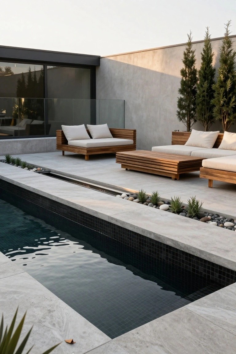 Modern outdoor pool area with wooden L-shaped sofas, low coffee table, and neutral cushions on a concrete deck beside a narrow black-tiled pool edged with pebble-filled linear planters.