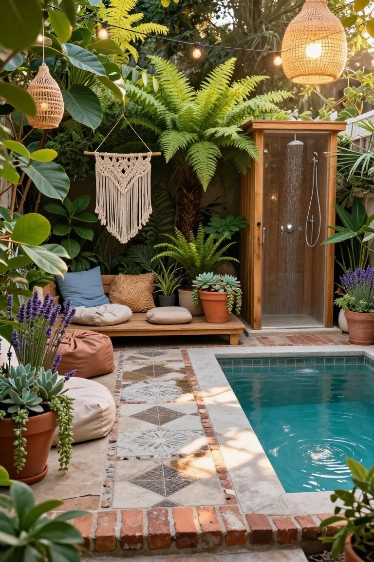 Small square turquoise pool in a lush backyard patio with wooden outdoor shower enclosure, cushioned bench and poufs on platform, various potted tropical plants and succulents, rattan hanging lanterns, string lights, and patterned tile decking.