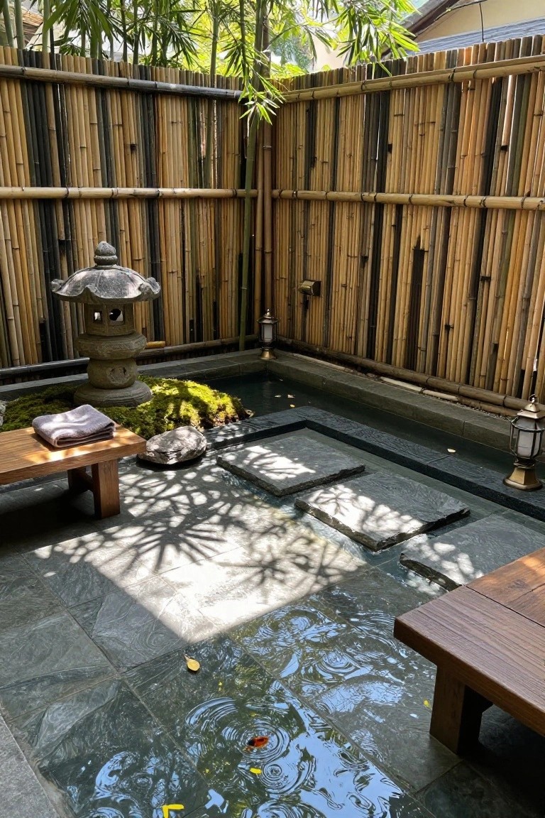 Small square stone-lined pool in an enclosed outdoor area with bamboo fencing, moss-covered rocks, stone lantern, hanging lanterns, folded towel on wooden bench, and slate tile flooring with fallen leaves and water ripples.