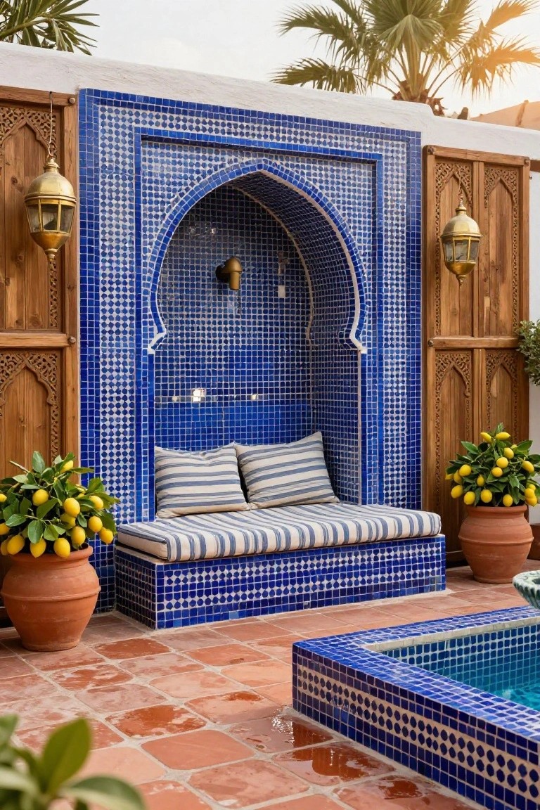 Blue mosaic-tiled arched alcove with built-in bench and striped cushions next to a small square pool, flanked by wooden carved doors, brass lanterns, potted lemon trees, and terracotta pots on a red brick patio with palm trees in the background.