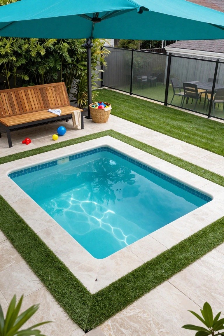 Small square plunge pool with turquoise water and blue mosaic tiles, surrounded by beige travertine paving edged in green artificial turf strips, with a wooden bench, beach toys, and large teal umbrella in a backyard patio area.