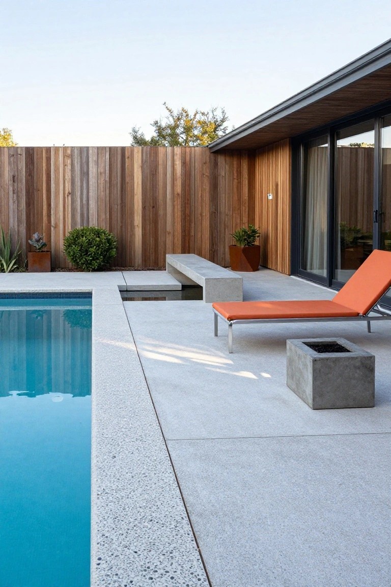 Modern backyard with pool, concrete lounge chair, orange daybed, and fire pit.