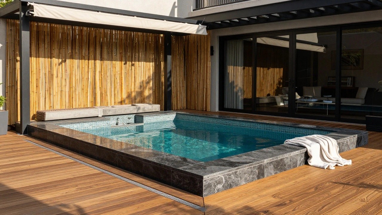 Small square turquoise-tiled plunge pool with dark marble edging sunken into a wooden deck, adjacent to a light gray outdoor sofa with pillows and towels, enclosed by bamboo fencing and a beige fabric canopy, next to glass sliding doors to an interior room.