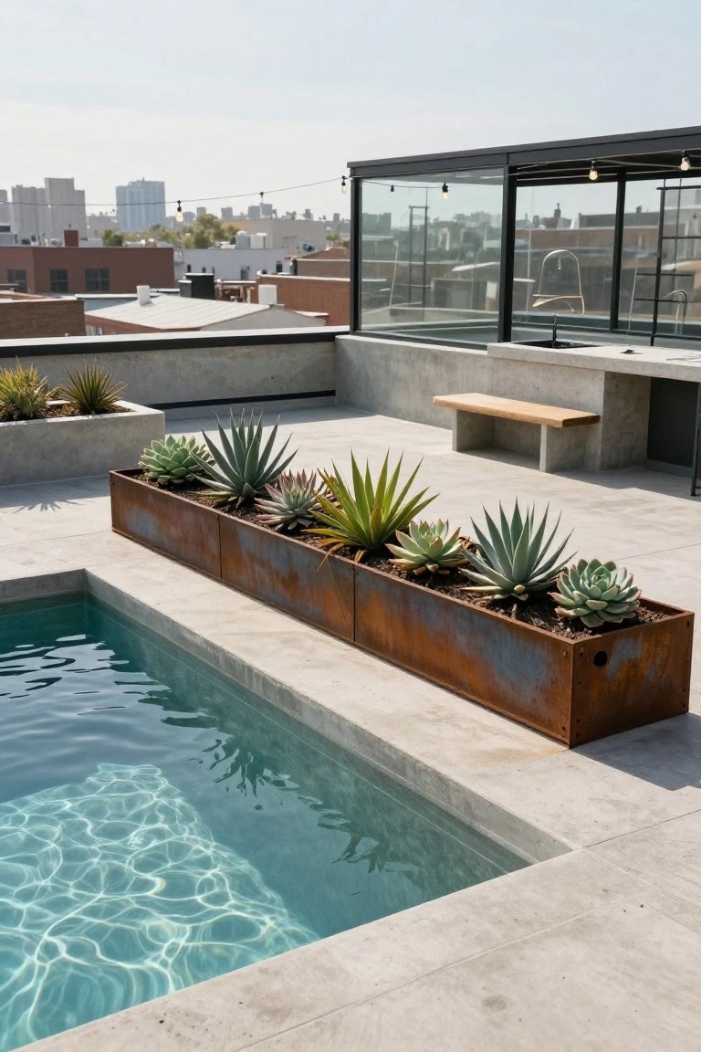 Rooftop terrace with a narrow rectangular pool next to a long corten steel planter box filled with various succulents, concrete decking, wooden bench, glass enclosure, and urban skyline in the background.