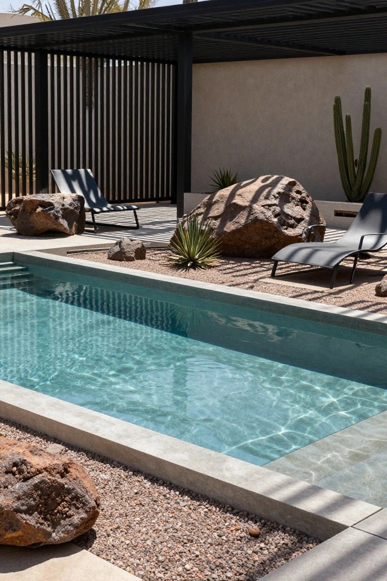 Narrow rectangular turquoise pool with gray concrete edges surrounded by large reddish boulders, gravel ground cover, black metal loungers, agave plants, and a tall cactus next to beige walls, black slatted fence, and metal pergola structure.