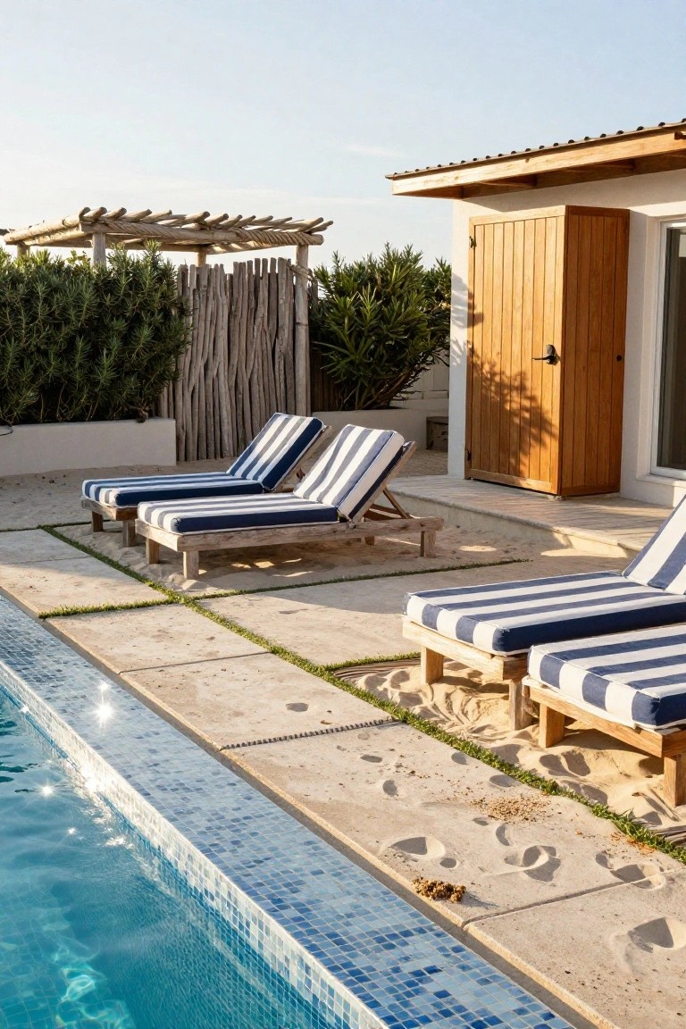 Square pool with blue mosaic tile edge and clear water, next to a light concrete deck scattered with sand and footprints, three wooden loungers with navy and white striped cushions arranged parallel to the pool, surrounded by plants, wooden fence, and pergola.