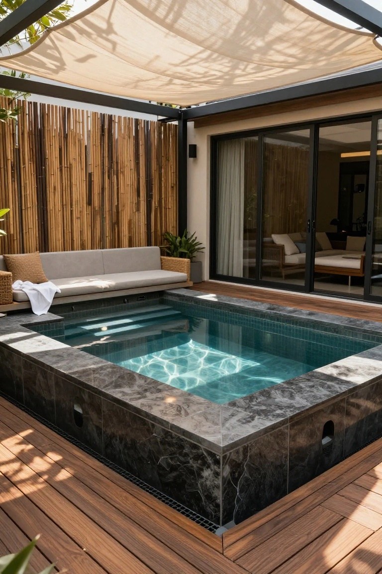 Small square turquoise-tiled plunge pool with dark marble edging sunken into a wooden deck, adjacent to a light gray outdoor sofa with pillows and towels, enclosed by bamboo fencing and a beige fabric canopy, next to glass sliding doors to an interior room.
