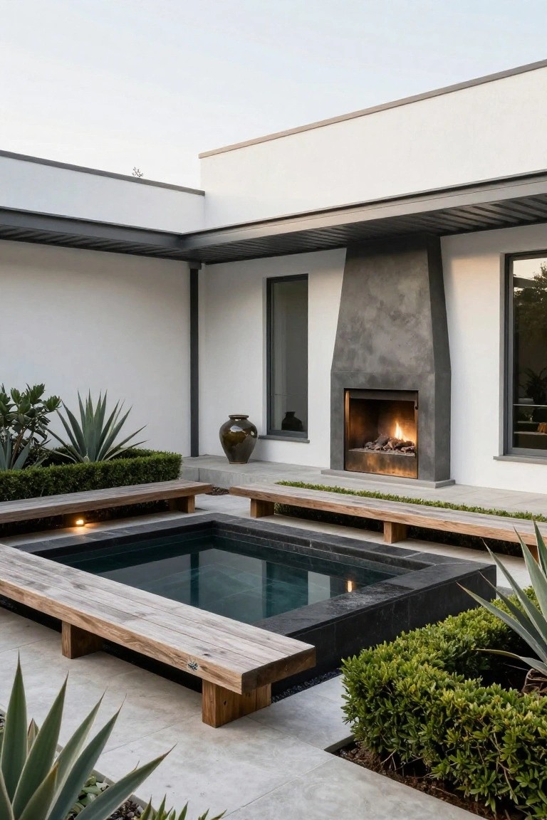 Modern outdoor courtyard with a square black plunge pool edged by long wooden benches, a tall concrete fireplace on a white stucco wall, potted ceramics, agave plants, and boxwood hedges on a concrete patio.