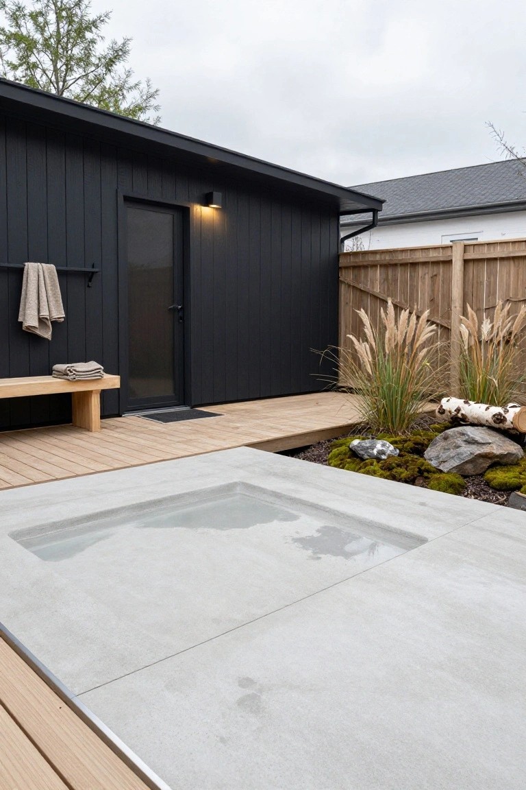 Square pool recessed into gray concrete terrace next to black wooden sauna cabin with bench, towels, light, deck, fence, grasses, rocks, and moss in backyard setting.