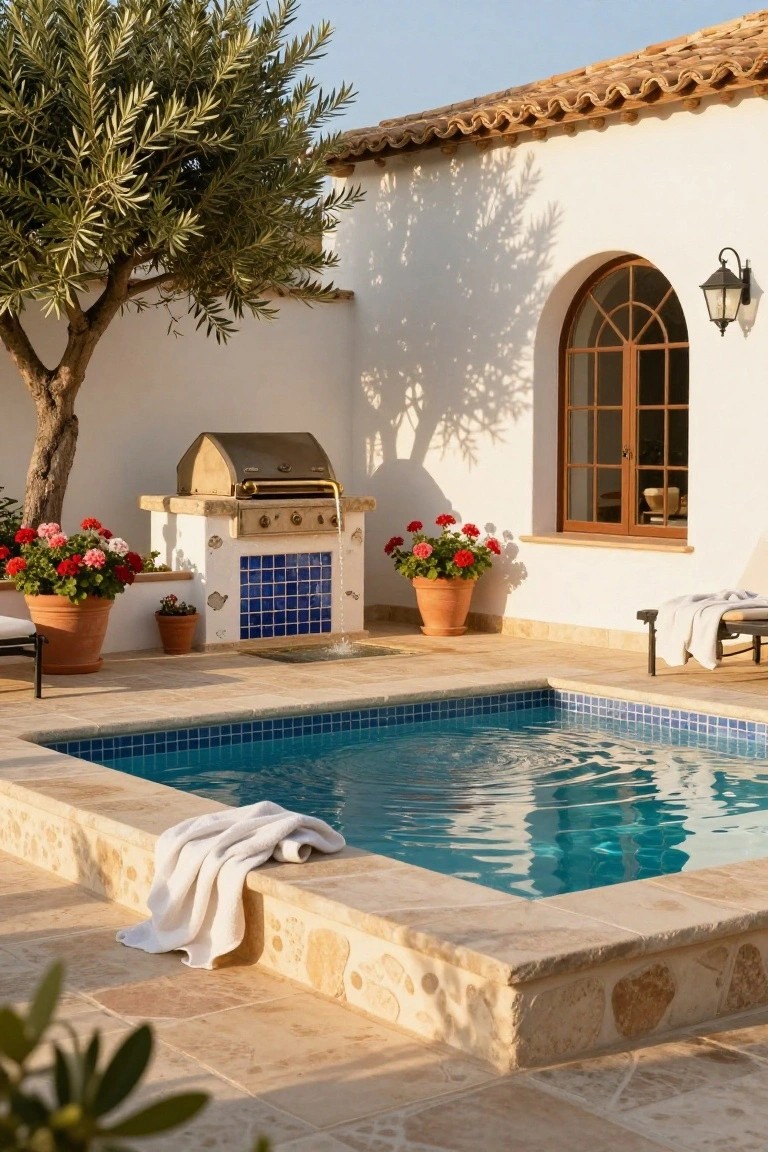 Small square pool with blue mosaic tiles and stone coping in a terracotta-tiled patio, adjacent to built-in barbecue grill, potted geraniums, olive tree, lounge chair with white towel, and white stucco house wall with arched wooden window.