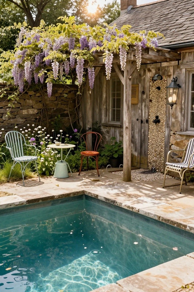Small turquoise square pool in a stone-paved corner patio beside a rustic wooden pool house with purple wisteria hanging from a pergola overhead, two-tone metal chairs and a small round table nearby, plants, and pebble outdoor shower on the wall.