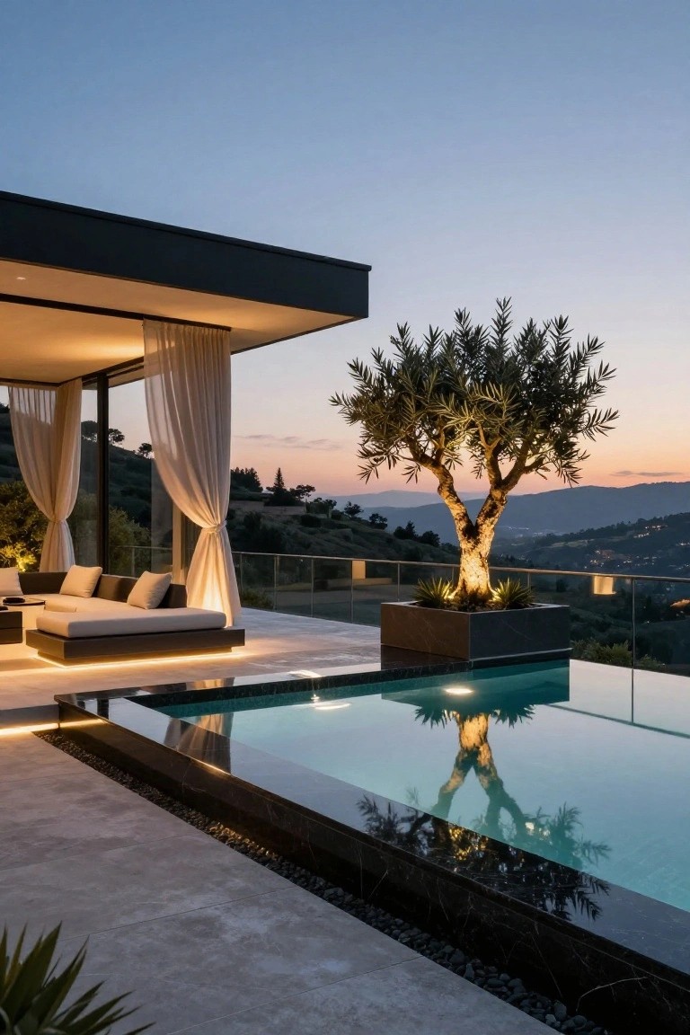 Modern terrace featuring a rectangular infinity-edge pool with black stone coping, an illuminated olive tree in a square planter beside the pool, low white outdoor sofa, sheer curtains on a covered area, and distant hillside views at dusk.