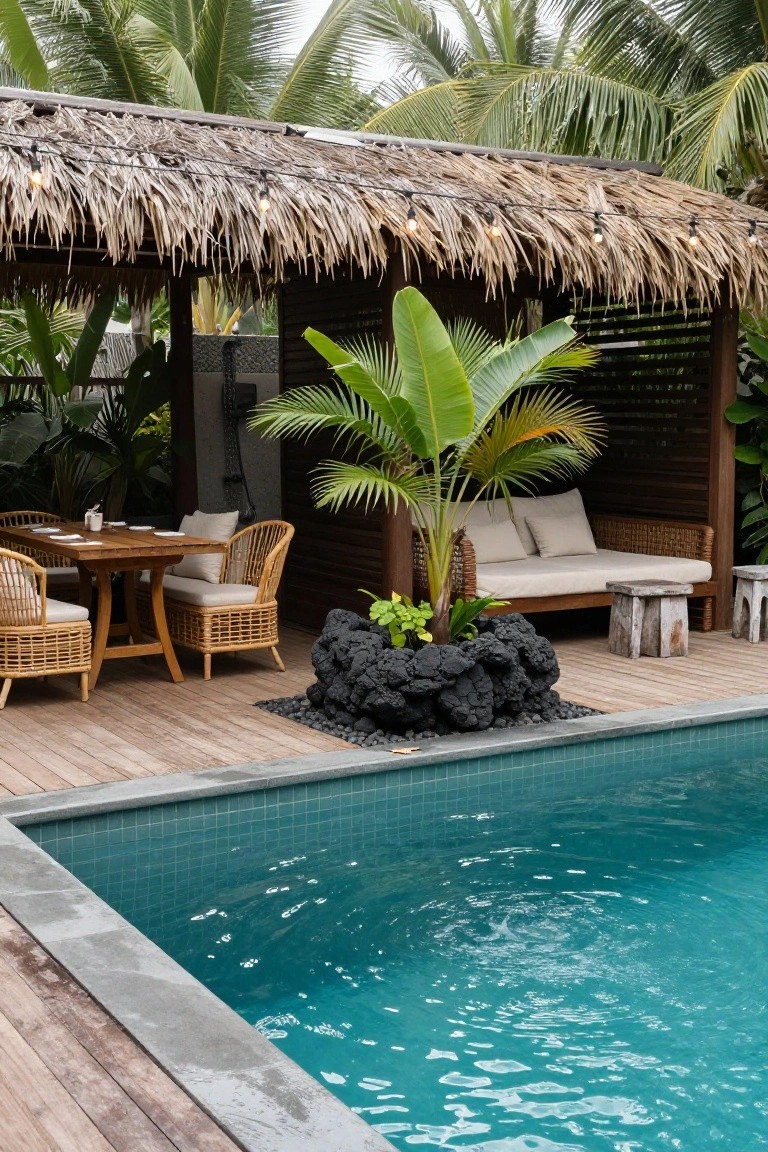 A turquoise square pool edged in dark stone next to a wooden deck under a thatched pergola with rattan dining table, chairs, daybed, palm plant in black lava rocks, and surrounding tropical greenery.