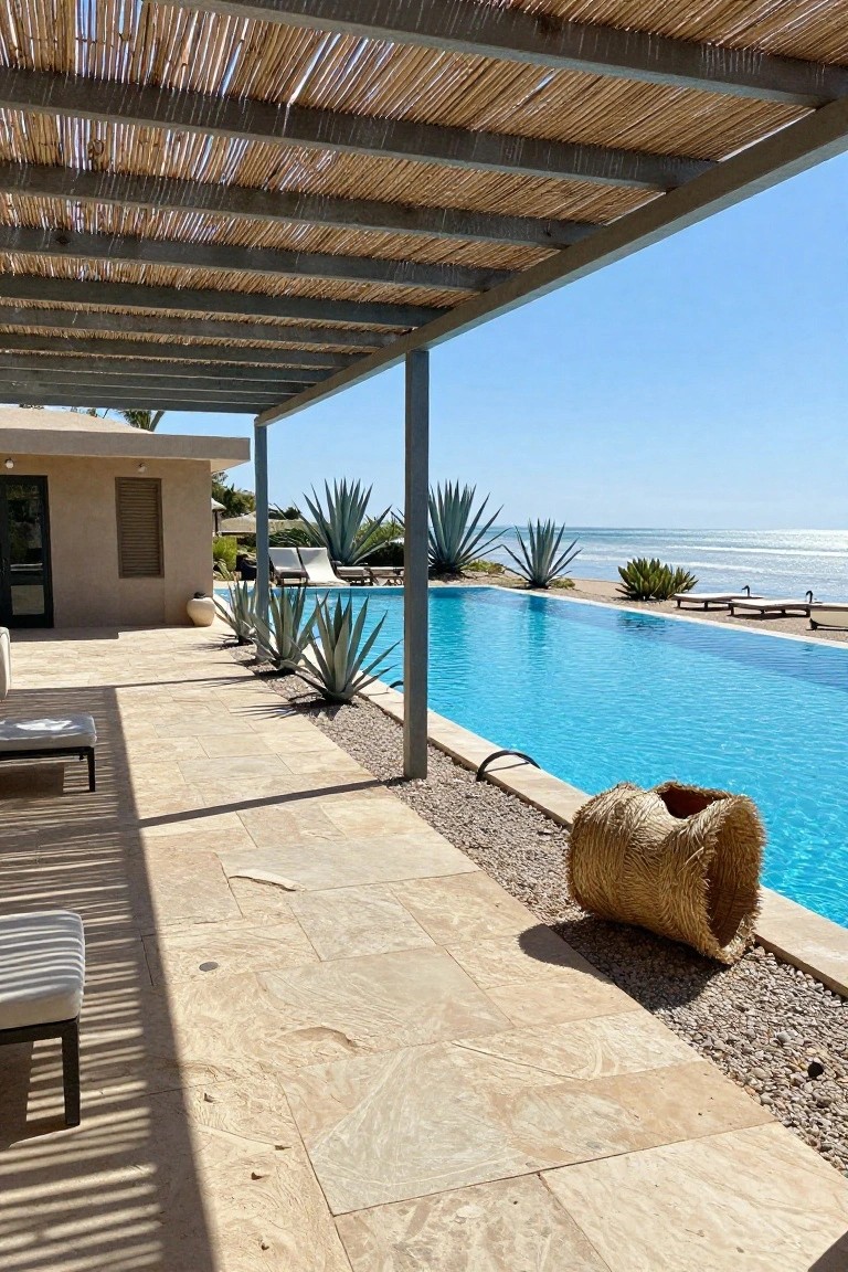 Stone terrace with infinity pool edged by tall agave plants and gravel, under a thatched pergola, lounge chairs nearby, overlooking beach and ocean.