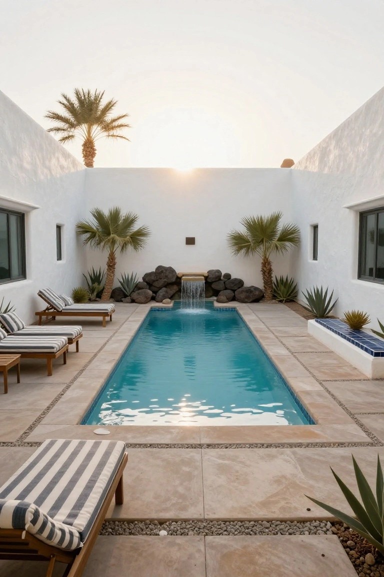Long narrow swimming pool in a white stucco courtyard with palm trees, striped lounge chairs on wood frames, rock waterfall feature, succulents, and tiled bench at sunset.