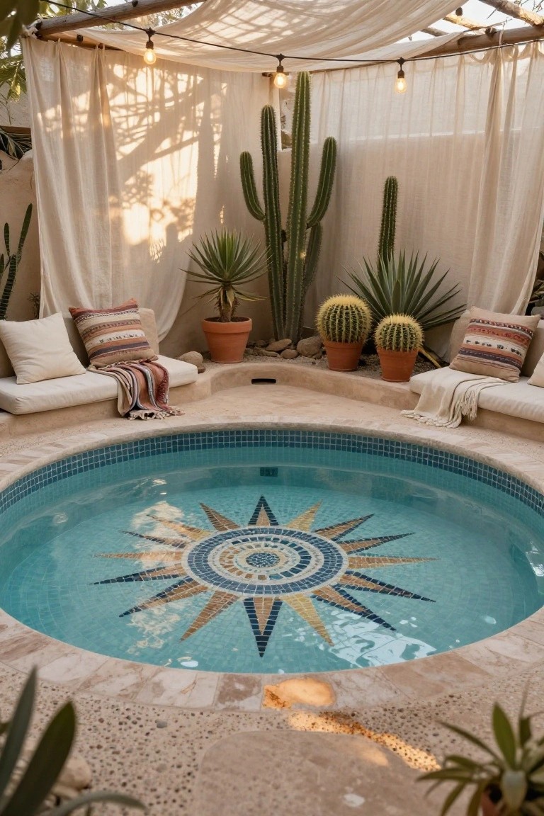 Round turquoise-tiled hot tub with central yellow sun mosaic design, surrounded by low beige stone benches with colorful cushions and throws, potted cacti, draped white canopy on wooden frame with string lights, and stone flooring in an outdoor desert setting.