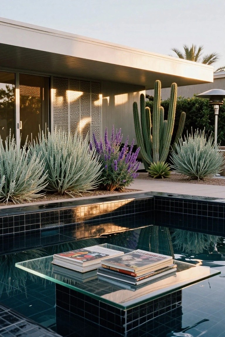 Black-tiled pool with a glass-topped table on a pedestal in the shallow end, surrounded by beds of agave, cacti, and lavender plants next to a modern house exterior and palm trees.