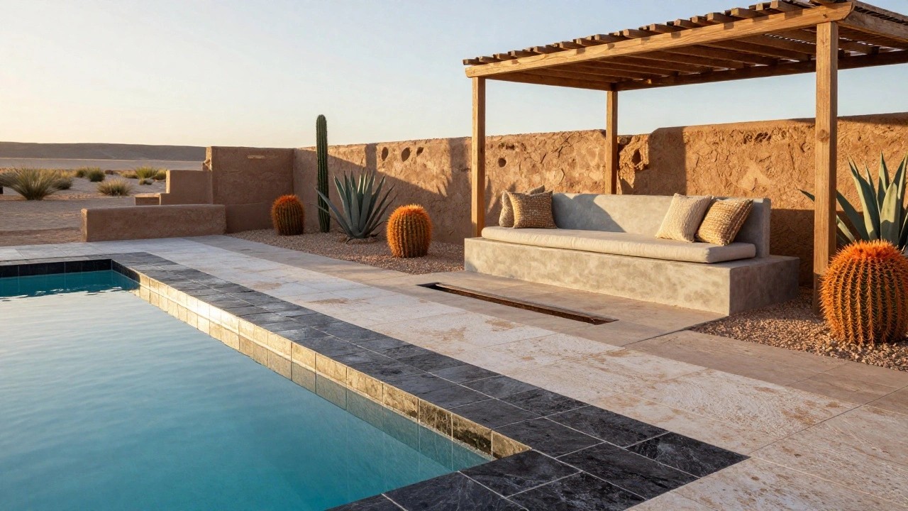 A turquoise pool with black tile edging and travertine decking beside a wooden pergola shading a low beige daybed, with agave plants, orange barrel cacti, and a stone wall in a desert yard at sunset.