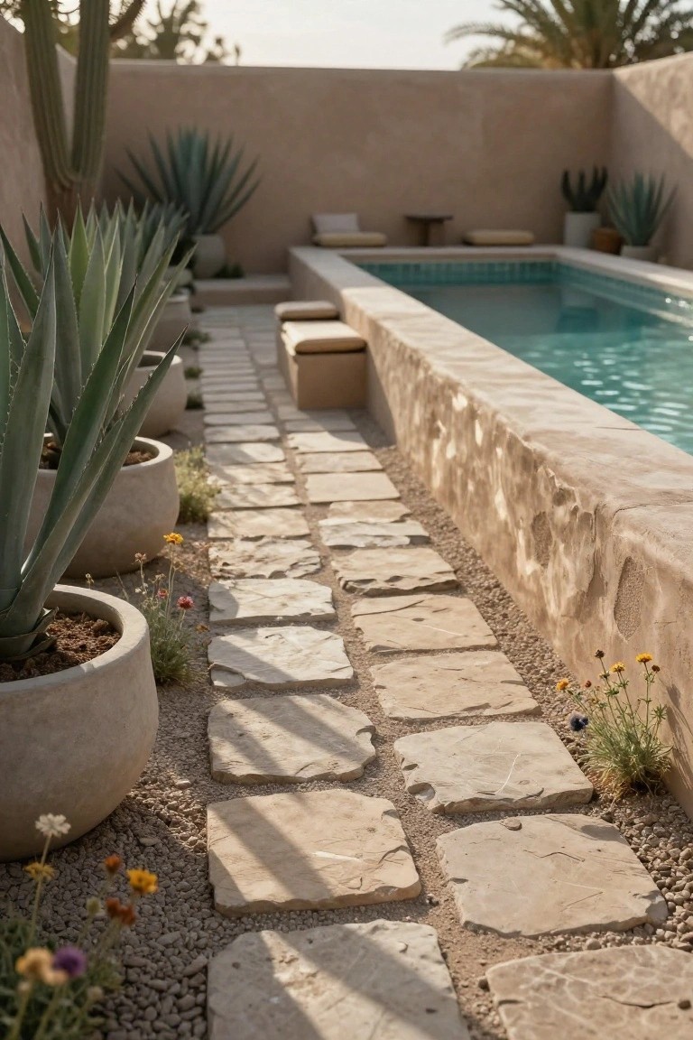 Desert garden with stone path, succulents, and turquoise pool.