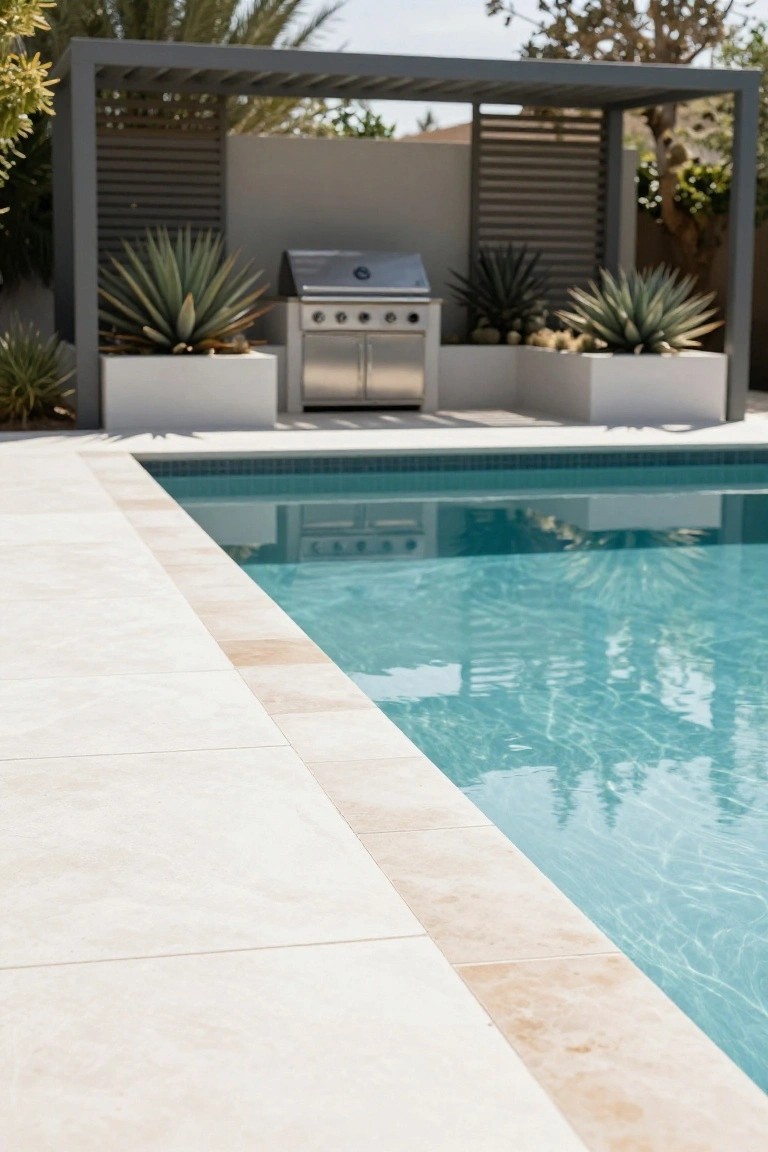 Long white concrete planter box filled with agave succulents lines the edge of a turquoise pool, next to a covered outdoor kitchen area with a stainless steel grill in a desert backyard.