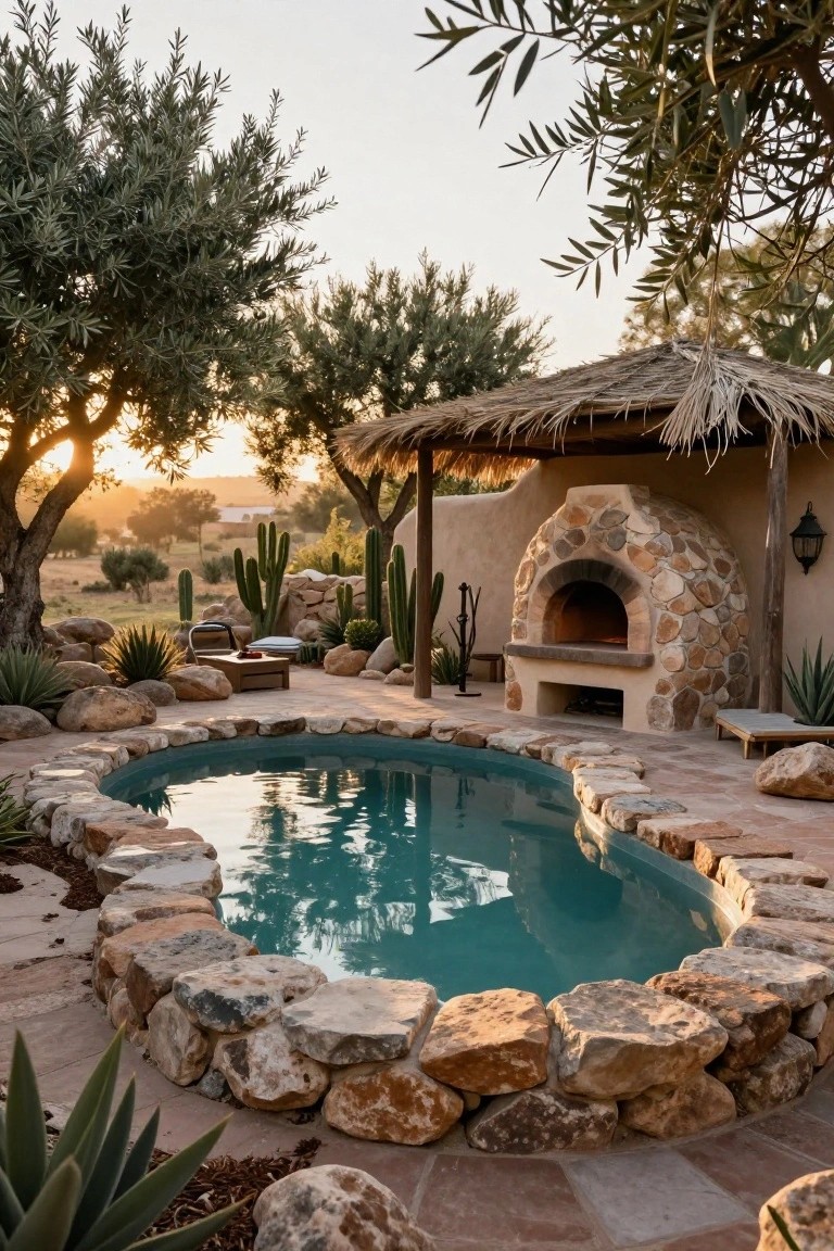 Kidney-shaped turquoise pool with irregular natural stone edging and surrounding boulders, desert plants including cacti and agave, lounge chairs, and a thatched-roof structure housing a stone oven on a terracotta patio at sunset.