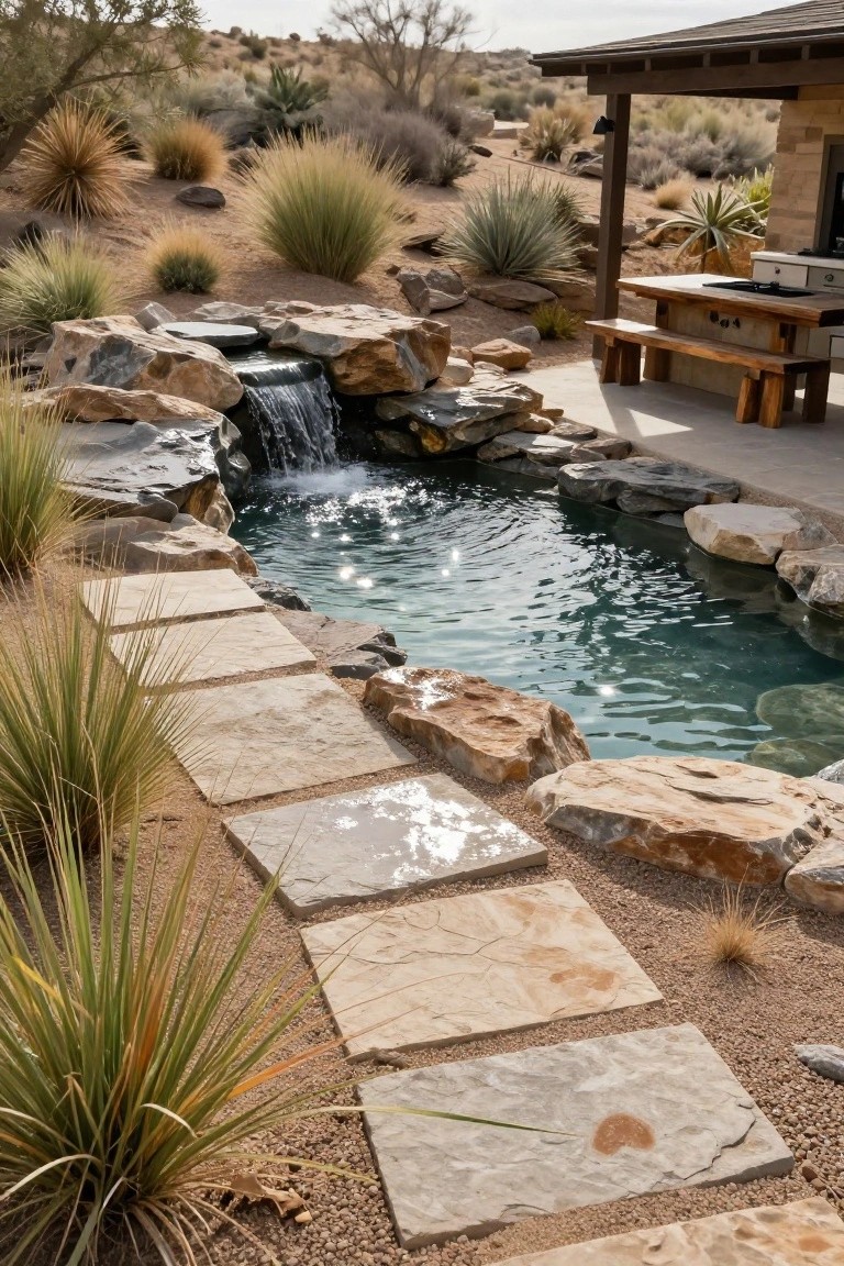 Small turquoise pool with natural rock waterfall cascading into it, edged by large boulders, stone path leading to it, desert plants, and nearby wooden bench under covered patio in arid landscape.