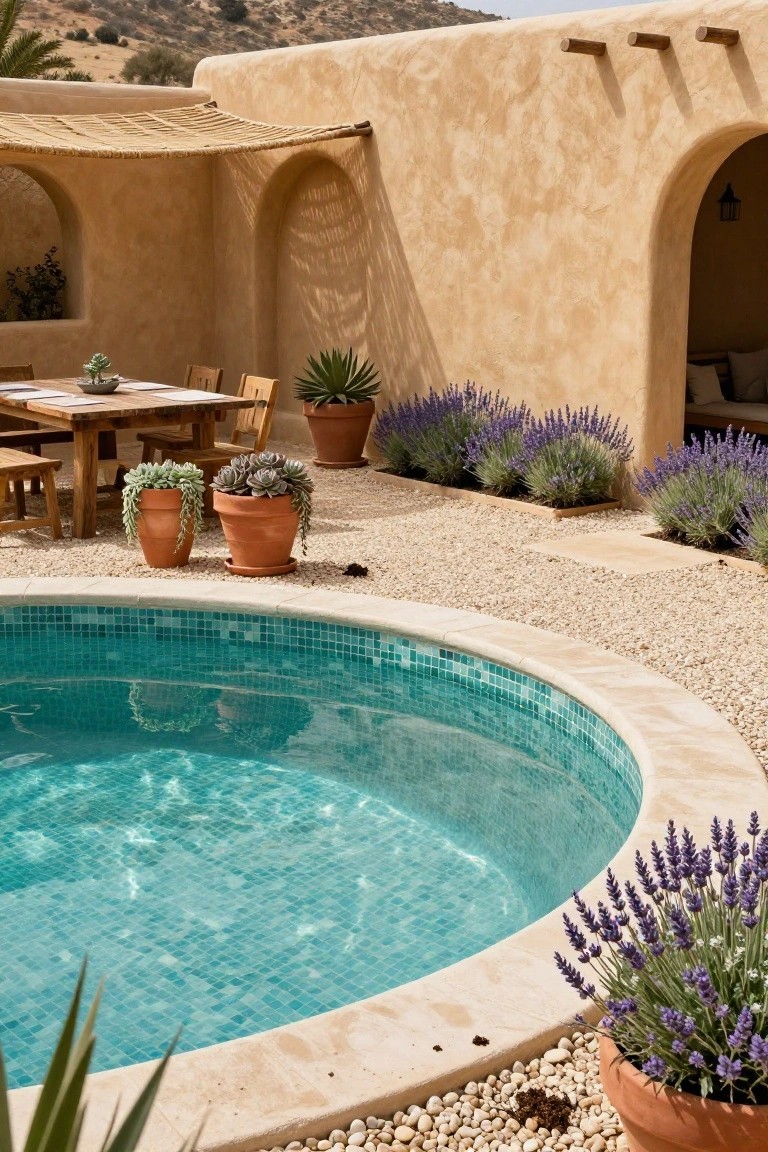 Curved turquoise-tiled pool edged with beige stone and surrounded by white pebble gravel, terracotta pots of succulents and lavender plants, wooden dining table with chairs, and arched beige adobe walls in a desert landscape.