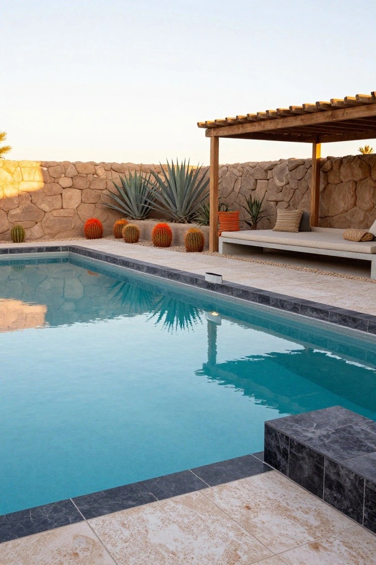 A turquoise pool with black tile edging and travertine decking beside a wooden pergola shading a low beige daybed, with agave plants, orange barrel cacti, and a stone wall in a desert yard at sunset.