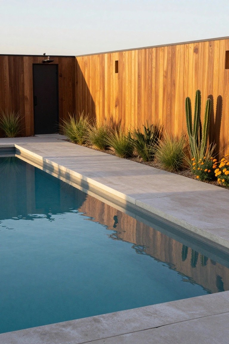 Turquoise pool with light stone decking along one side, narrow planting bed of grasses, cacti, and succulents adjacent to it, tall vertical wood slat fence with black door in background.
