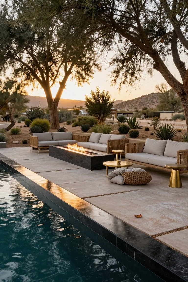 Outdoor poolside patio in desert landscape featuring beige rattan sofas and ottomans arranged around a black rectangular linear gas fire pit table, with gold side tables, next to a dark-tiled pool edge, agave plants, palm trees, and mountains at sunset.