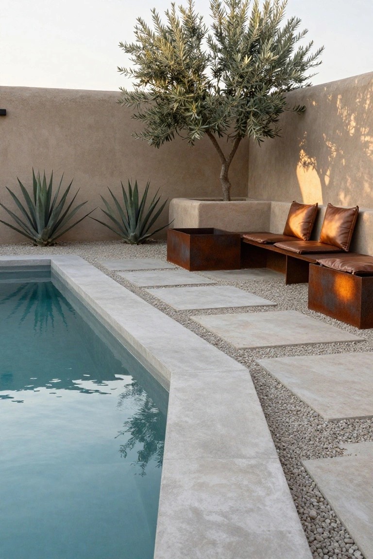 Poolside area featuring white pebble gravel groundcover with large rectangular stone slab pavers forming paths along the pool edge, corten steel box planters and bench with leather cushions, agave plants, olive tree, and beige adobe walls under a clear sky.