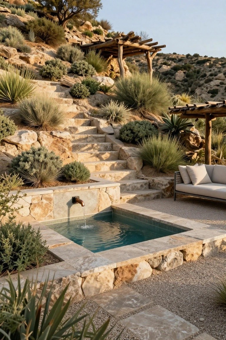 Stone steps terraced up a desert hillside beside a small rectangular pool with wall-mounted fountain and adjacent beige outdoor sofa, surrounded by agave, grasses, and shrubs on rock retaining walls.