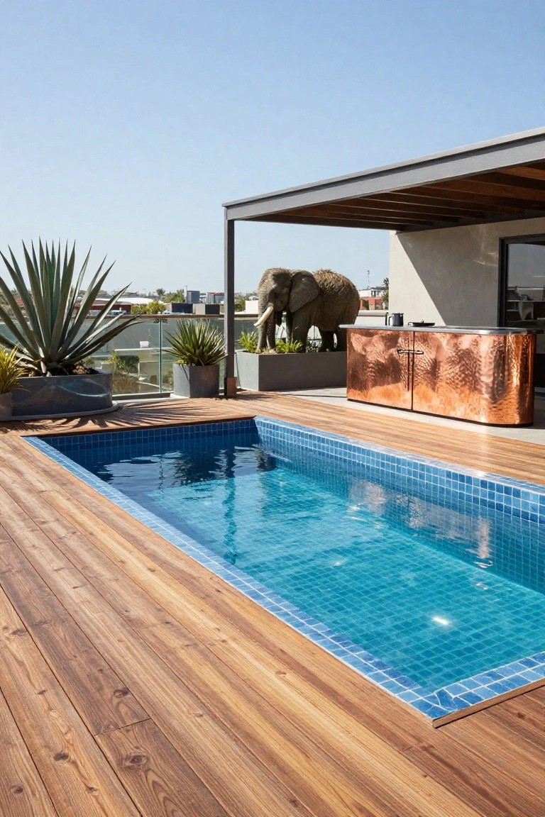 Rooftop wooden deck surrounding a rectangular blue mosaic-tiled pool, with a copper outdoor bar, elephant sculpture, potted agave plants, and distant city buildings under a clear sky.