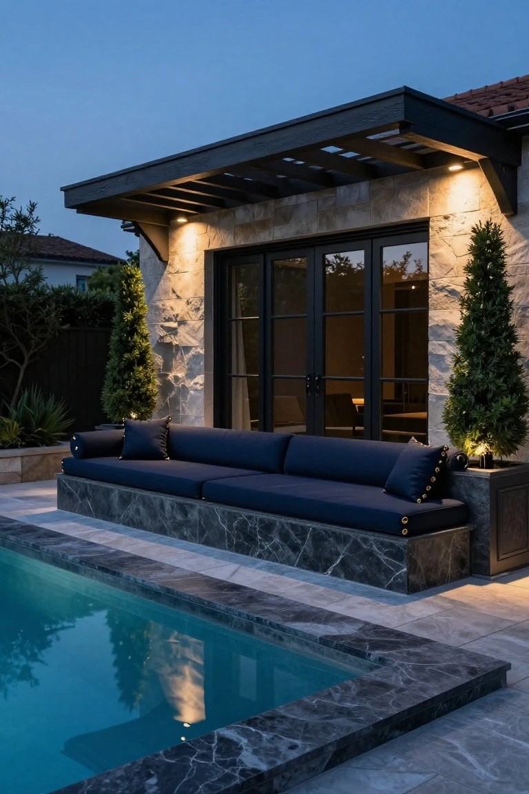 15 Stunning Pool Landscaping Backyard Looks You’ll Want to Copy Backyard pool at dusk with a built-in navy sofa on marble base along the edge, stone wall with black-framed glass doors, wooden pergola overhead, cypress trees in pots, and travertine paving.
