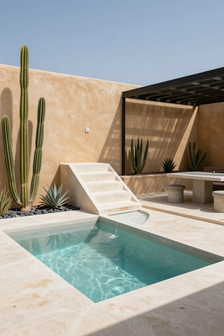 15 Stunning Pool Landscaping Backyard Looks You’ll Want to Copy Small rectangular turquoise plunge pool in a travertine-paved courtyard with white steps, black pebble borders, tall cacti, agave plants, concrete dining table and stools, and beige walls under a black pergola.