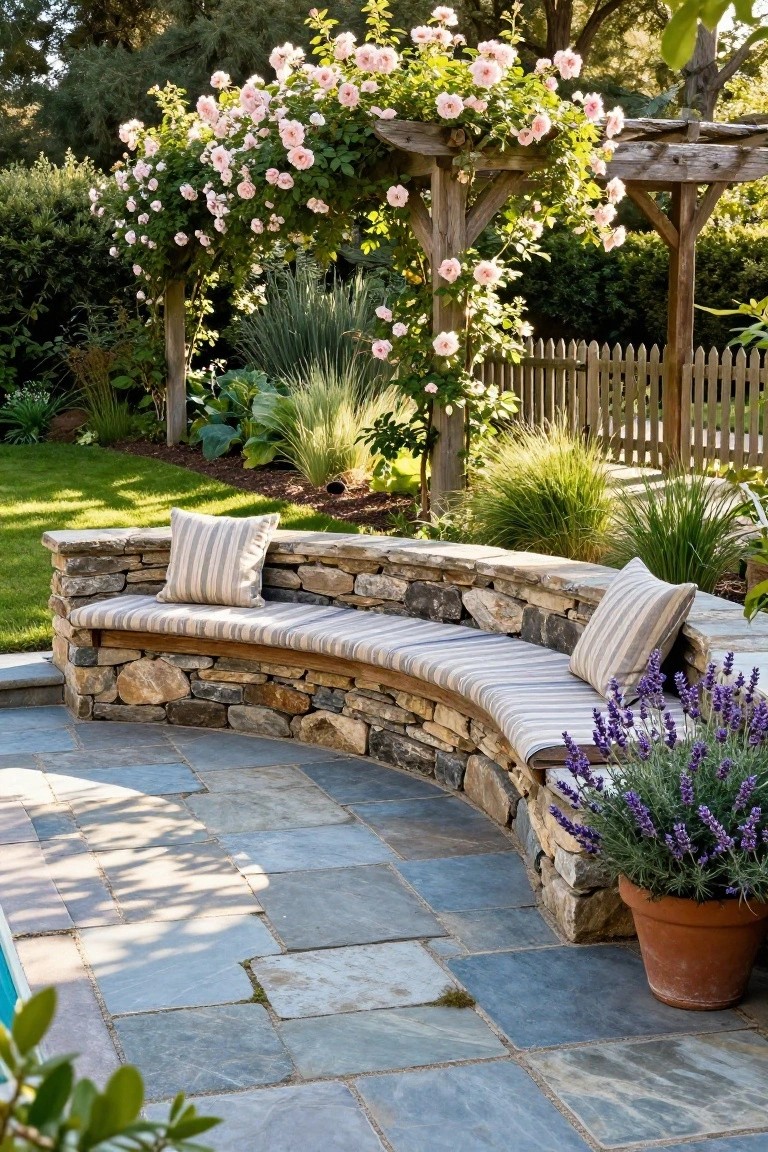 15 Stunning Pool Landscaping Backyard Looks You’ll Want to Copy Curved dry-stacked stone bench with beige striped cushions built into a low retaining wall on a slate tile patio beside a pool, with potted lavender, ornamental grasses, and climbing pink roses on a wooden arbor nearby.