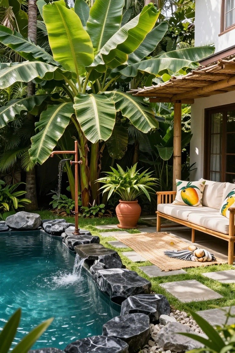 15 Stunning Pool Landscaping Backyard Looks You’ll Want to Copy Small turquoise pool bordered by irregular black rocks and pebbles, with a copper outdoor shower pouring water into it, tropical plants and banana trees surrounding a wooden sofa on a deck.