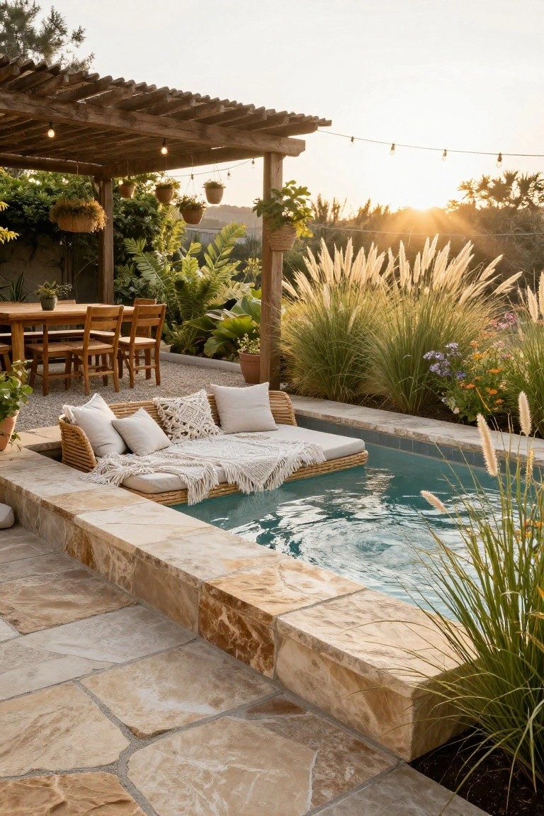 15 Stunning Pool Landscaping Backyard Looks You’ll Want to Copy Turquoise plunge pool with built-in rattan daybed topped by white cushions and throws on one edge, surrounded by stone pavers, tall ornamental grasses, potted plants, a wooden pergola with string lights, and nearby wooden dining table.