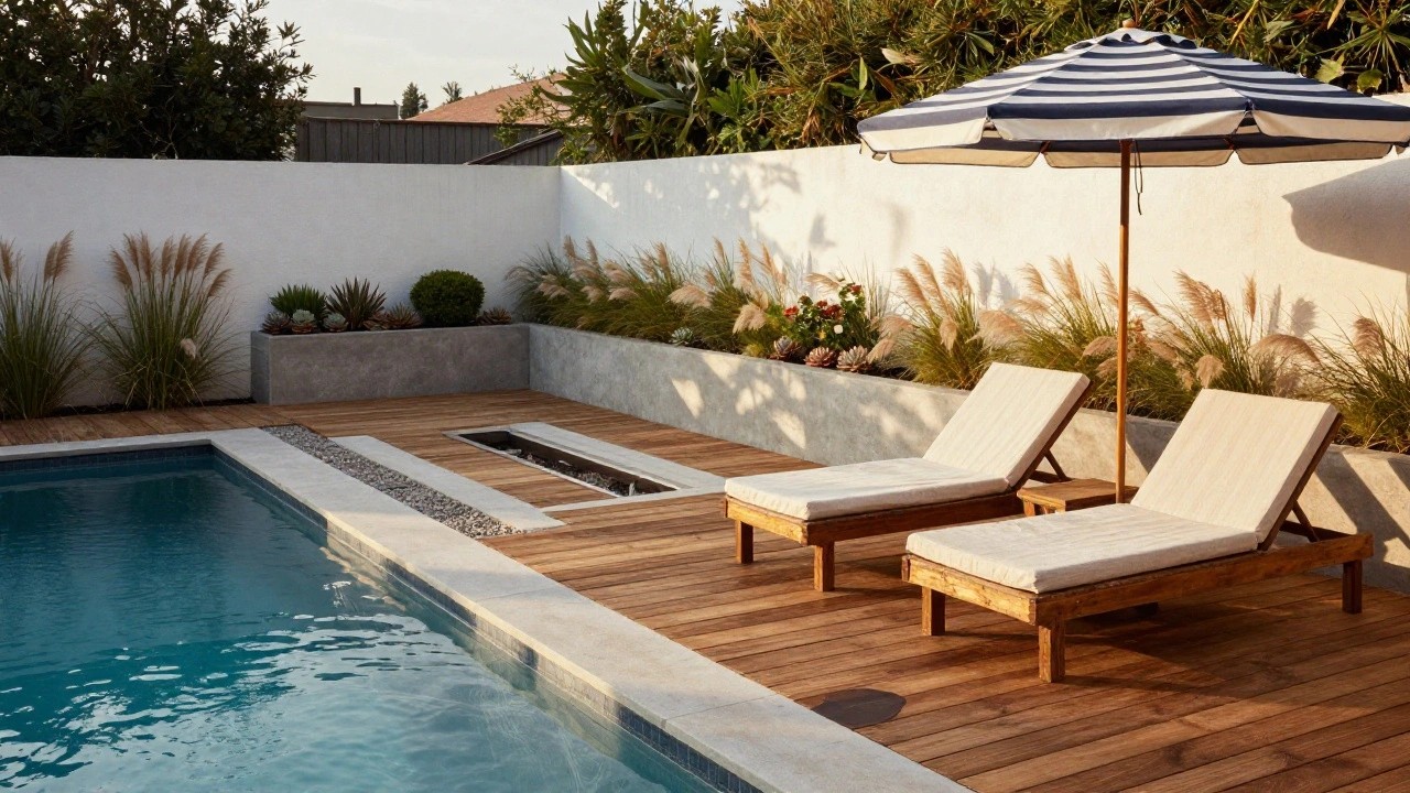 Two low wooden daybeds with white cushions on a wooden deck adjacent to a rectangular pool, under a blue-and-white striped umbrella, with pampas grass and succulents in raised beds nearby.