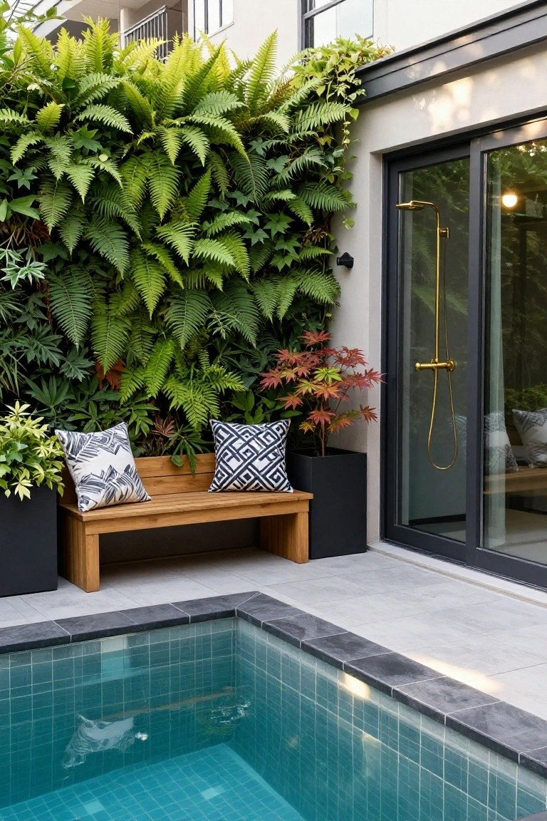 15 Stunning Pool Landscaping Backyard Looks You’ll Want to Copy Small turquoise mosaic-tiled pool with black stone edging, wooden bench with white and patterned cushions, lush green fern-covered wall, black planter holding red Japanese maple, and gold outdoor showerhead beside black-framed sliding glass doors.