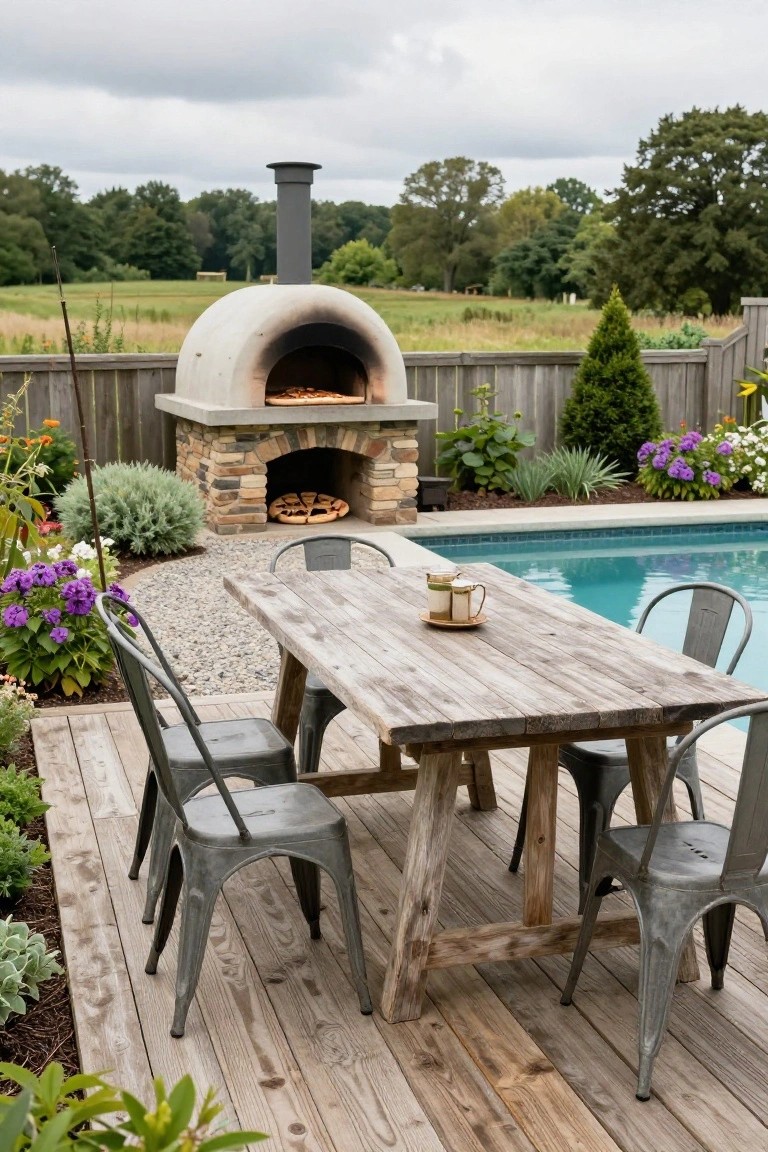 15 Stunning Pool Landscaping Backyard Looks You’ll Want to Copy Dome-shaped stucco pizza oven on stone base next to turquoise pool, with rusted metal chairs around weathered wood table on wooden deck amid plants and gravel path.