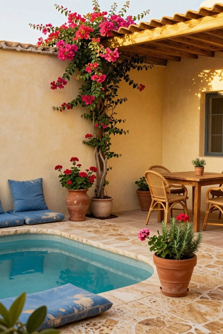 15 Stunning Pool Landscaping Backyard Looks You’ll Want to Copy Small turquoise plunge pool beside a tiled patio with rattan chairs at a wooden table, blue cushions on low built-in seating, terracotta pots of plants, and pink bougainvillea climbing ochre walls under a wooden pergola.