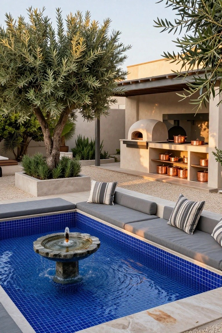 15 Stunning Pool Landscaping Backyard Looks You’ll Want to Copy Small square blue mosaic-tiled pool with central stone fountain in an outdoor courtyard, surrounded by built-in gray benches with white and gray striped cushions, olive trees, raised planters, gravel ground, and adjacent beige outdoor kitchen with wood-fired oven and copper cookware.