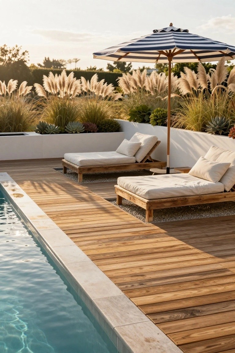15 Stunning Pool Landscaping Backyard Looks You’ll Want to Copy Two low wooden daybeds with white cushions on a wooden deck adjacent to a rectangular pool, under a blue-and-white striped umbrella, with pampas grass and succulents in raised beds nearby.